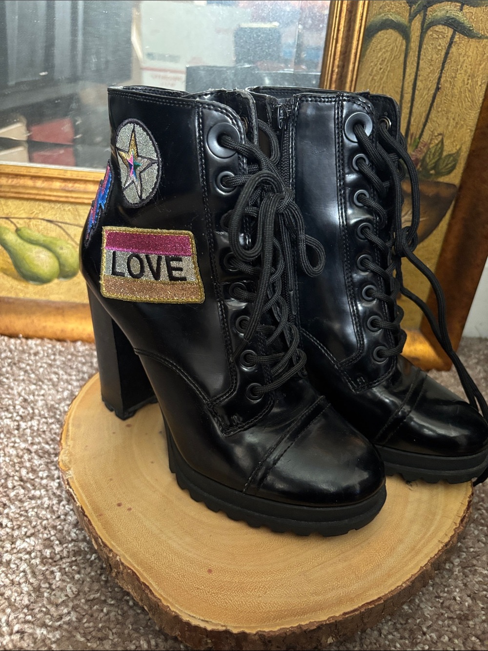 Aldo Black Lace-Up Platform Ankle Boots with Colorful 'LOVE' Patches